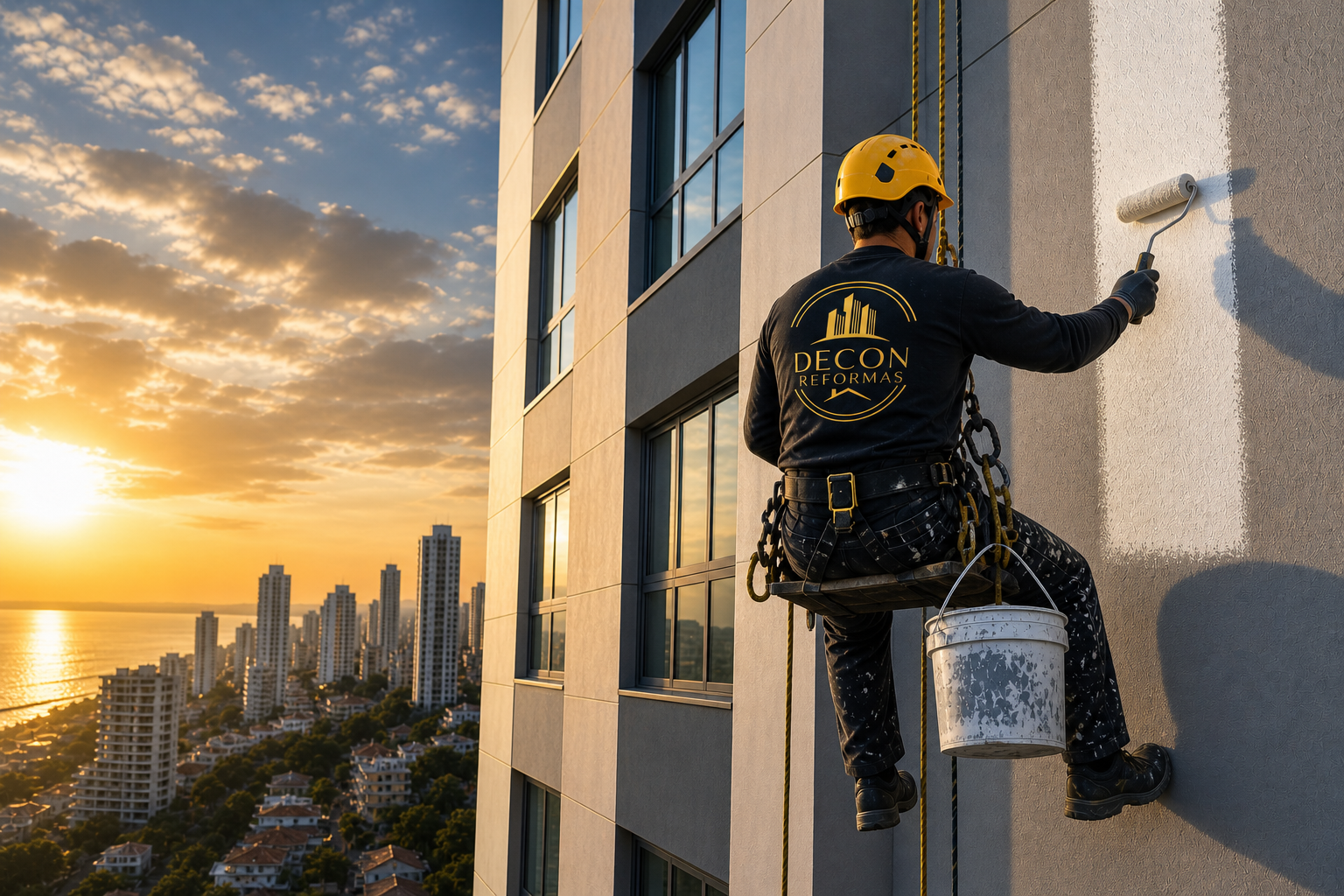 Trabalhador realizando pintura predial em fachada